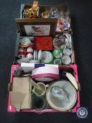 Three boxes of oriental tea china, collector's plates, assorted glass ware, Spanish figure,