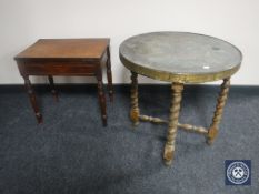 An oak barley twist folding brass top table together with a mahogany storage stool