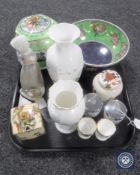 A Maling lustre bowl, Maling biscuit barrel, Nao figure, Aynsley vase,