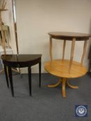 A mahogany D-Shaped hall table and two circular coffee tables