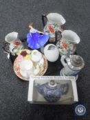 A tray of Royal Doulton figure Elaine HN 2791, three graduated antique jugs, china flower posy,