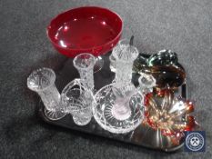 A tray containing assorted lead crystal vases, Caithness vase, Murano glass snail ornament,