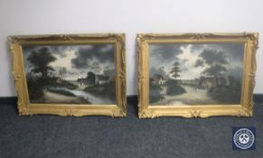 A pair of gilt framed 20th century oils on canvas, rural village scenes, signed R.