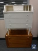 A mid Danish teak painted bureau and a three drawer teak chest