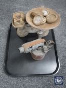 A set of vintage kitchen scales with weights and a blow lamp