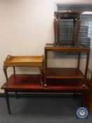 A leather topped extending coffee table, trolley, two walnut tables,
