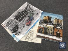 Donald James White : Four watercolour and charcoal drawings, Gateshead etc, all parts un-framed.
