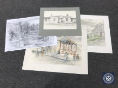 Donald James White : Four pictures, prints, drawings, Blackett Place etc, all parts un-framed.