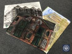 Donald James White : Four watercolour and colour chalk drawings, Customs bonded warehouse etc,