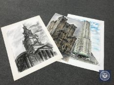 Donald James White : Four watercolour and colour chalk drawings, The Rocket Derwent tower etc,