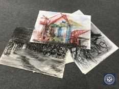 Donald James White : Four watercolour and colour chalk drawings, Jesmond Dene etc,