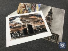 Donald James White : Four watercolour and colour chalk drawings, All Saints Newcastle etc,