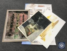 Donald James White : Four pictures and drawings various, Warehouse etc, all parts un-framed.