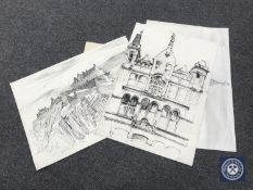 Donald James White : Four pictures and drawings, Grass Market etc, all parts un-framed.