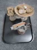 A set of vintage kitchen scales with weights and a blow lamp