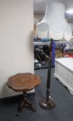 A mahogany barley twist standard lamp with shade together with an Italianate pedestal wine table