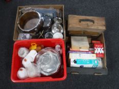 Three boxes containing antique guides, kitchenalia, tins,
