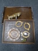 Two 20th century serving trays together with a carved oak plate, wooden figure of a cat,