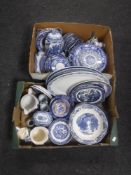 Two boxes containing antique and later blue and white china