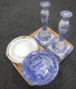 A tray containing a pair of Spode blue and white candlesticks together with a Spode fruit bowl,