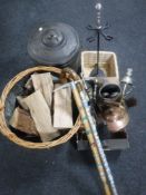An antique copper coal bucket with liner together with a box containing part companion set,