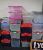 A quantity of plastic storage crates