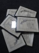 Six framed monochrome prints celebrating Colt pistols etc