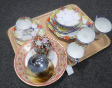 A tray containing eighteen pieces of Westly Art Deco tea china together with a cabinet plate,