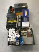 Three boxes containing assorted power tools, hand tools, storage boxes,