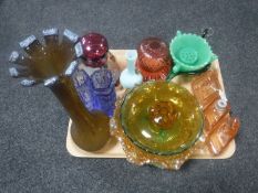 A tray containing antique and later coloured glass ware including hand painted vase,