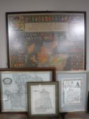 A framed map of Scotland of Old together with three further framed maps; Lancashire,