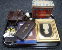 A tray containing AA badge, shaving brush, cased vintage camera, gilt framed bust, bottle opener,