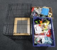 A folding metal dog cage together with a framed mirror, two boxes containing gift bags,