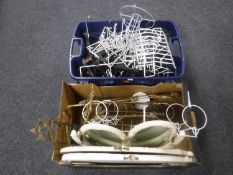 Two boxes containing three folding gilt metal easels, triple dressing table mirror,