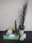 A large stoneware vase containing sticks together with a box containing wooden correspondence rack,