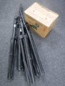 A boxed Fujifilm projector together with five large tripod stands