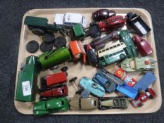 A tray containing unboxed vintage play-worn die cast vehicles including a tin plate Mimic wind up