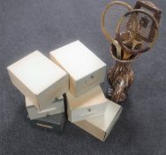 Six mid 20th century storage drawers together with a pottery vase containing three vintage tennis