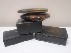 Three Victorian treen boxes together with two cigarette cases