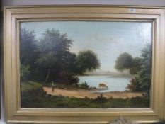 A 20th century gilt framed oil on canvas, figure on a path with lake beyond,