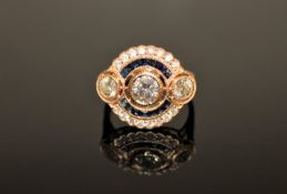A 14ct yellow gold sapphire and diamond Art Deco style cluster ring,