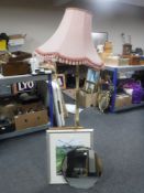 A gilt and onyx standard lamp and shade together with a mahogany framed hall mirror,