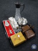 A tray of Brownie camera, leather cased Kodak camera, plated claret jug, plated bowl,