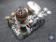 A tray of assorted metal ware - figures, table caskets,