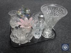 A tray of assorted glass ware, lead crystal bowls and vases, art glass vase,