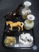 A tray of three Beswick horses, two coloured glass vases,