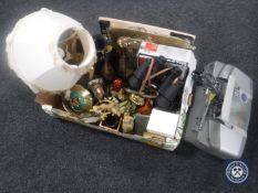 A box of brass table lamp, cameras, pair of binoculars, digital camera,