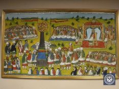 Middle Eastern School : Procession of figures, oil on canvas, 127 cm x 71 cm, framed.