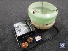 A tray of two Art Deco glass lamp shades, boxed glass nativity set,