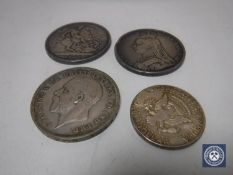 Two Victorian silver crowns 1891 and 1892 together with a 1935 Crown and a 1964 United States half